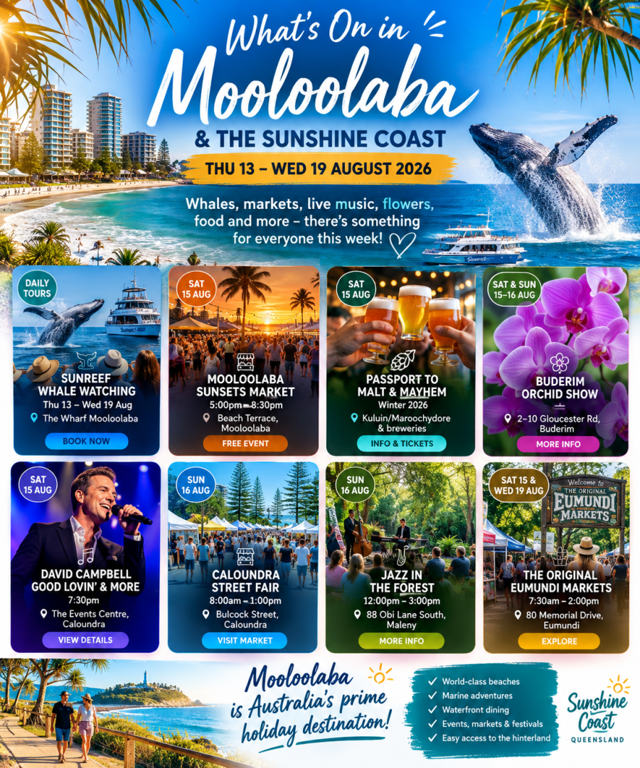 What’s On in Mooloolaba & the Sunshine Coast: Thursday 13 – Wednesday 19 August 2026